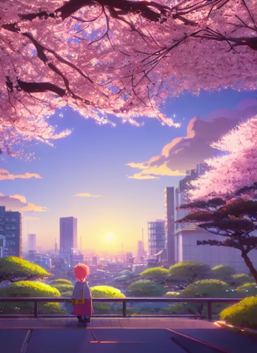 Prompt: a wholesome animation key shot, tokyo city in the background, cherry blossoms in the foreground, studio ghibli, pixar and disney animation, sharp, rendered in unreal engine 5, anime key art by greg rutkowski, bloom, dramatic lighting