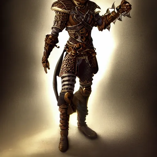 Image similar to D&D rogue character art Arabian warrior, intricate ornate armor, muscle, full body portraits, 35mm, position, cinematic litghing, realism concept art composition, ultra realistic, realism, cinematic, photorealistic, epic scene, low-key lighting, renderman, physically based render, dolby vision, 4k, super detailed, 8K, fantasy, detailed painting, long neck, long anatomy, mixed up, extra anatomy, style of charlie bowater, tom bagsgaw, artgerm, rule of thirds