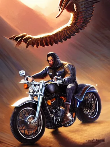 Prompt: handsome man. prancing a harley davidson. intricate, elegant, highly detailed, digital painting, artstation, concept art, sharp focus, illustration, by justin gerard and artgerm, 8 k