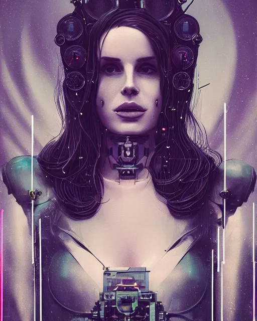 Prompt: portrait of lana del rey as a cyberpunk cyborg. intricate abstract. intricate artwork, tear drops, roses, crucifix, by tooth wu, wlop, beeple, dan mumford. concept art, octane render, trending on artstation, greg rutkowski, symmetrical, cinematic, key art, hyper realism, iridescent accents