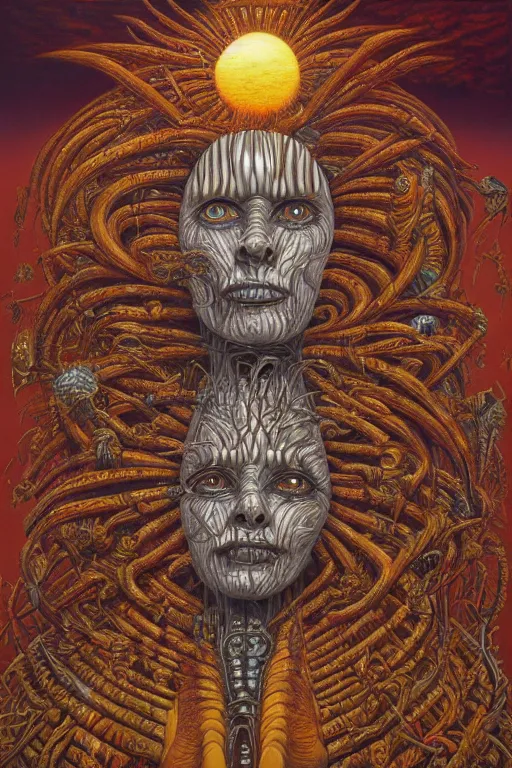 Image similar to THE QUEEN OF THE SUN by jacek yerka, alex gray, zdzisław beksiński, dariusz zawadzki, jeffrey smith and h.r. giger, oil on canvas, 8k highly professionally detailed, trending on artstation