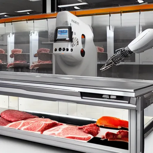 Image similar to butcher shop with three robotic kuka robot cutting machines, steel countertops display various cuts of meat, photorealistic, highly detailed