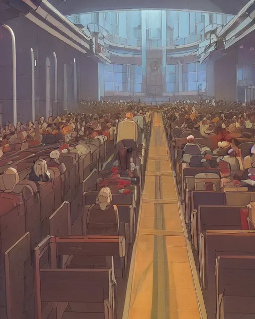 Image similar to moebius and ghibli digital matte art of a crowd in a futuristic church, priest, pews, ethereal, inviting, bright, unreal engine, hyper realism, realistic shading, cinematic composition, realistic render, octane render, detailed textures, photorealistic, wide shot