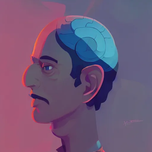 Prompt: a non gendered person thinking, brain, amazed expressions, happy mood, thoughts, james gilleard, portrait, print, game art, concept art