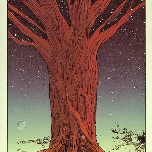 Image similar to a crystal floating in space with a large tree rooted in it, by moebius