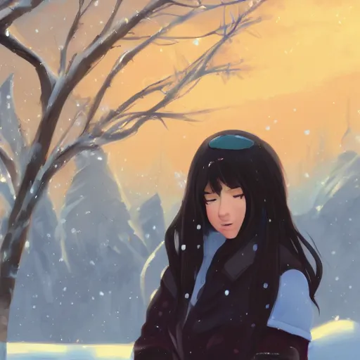 Prompt: teen girl with long black hair and bangs, detailed facial features, beautiful face, snowy winter village in the background, digital painting, artstation, highly detailed, by makoto shinkai and thomas kindle and James gilleard