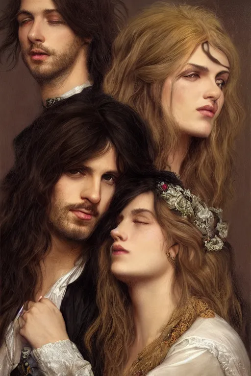 Image similar to a portrait of handsome young male rock star with long hair and his elegant beautiful bohemian wife, bored, illustration, dramatic lighting, soft details, painting oil on canvas, art nouveau, octane render, HDR, 4k, 8k, HD, by Edmund Blair Leighton, Brom, Charlie Bowater, trending on artstation, faces by Tom Bagshaw, Sargent