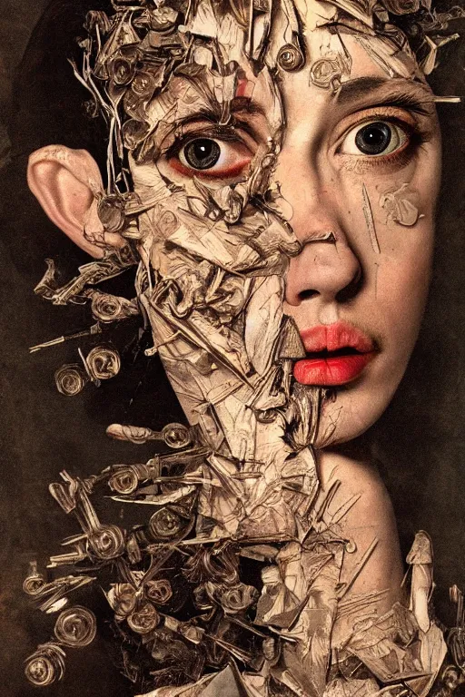 Image similar to Detailed maximalist portrait with large lips and with large eyes, angry, exasperated expression, HD mixed media, 3D collage, highly detailed and intricate illustration in the style of Caravaggio, dark art, baroque