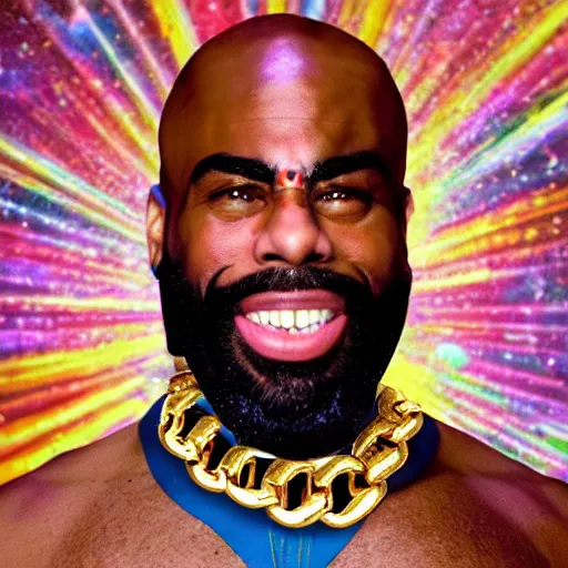 Image similar to a photograph of joe rogan as mr. t wearing many gold chains with a psychedelic dmt background