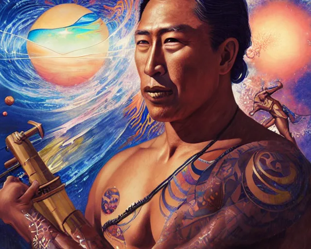 Image similar to duke kahanamoku as a hawaiian warrior surrounded by intergalactic planets connected by streams of multiversal flow, sigma male, gigachad, visually stunning, luxurious, by wlop, james jean, jakub rebelka, tran nguyen, peter mohrbacher, yoann lossel