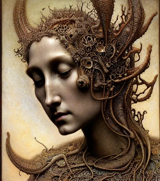 Image similar to detailed realistic beautiful patina goddess face portrait by jean delville, gustave dore, iris van herpen and marco mazzoni, art forms of nature by ernst haeckel, art nouveau, symbolist, visionary, gothic, neo - gothic, pre - raphaelite, fractal lace, intricate alien botanicals, biodiversity, surreality, hyperdetailed ultrasharp octane render