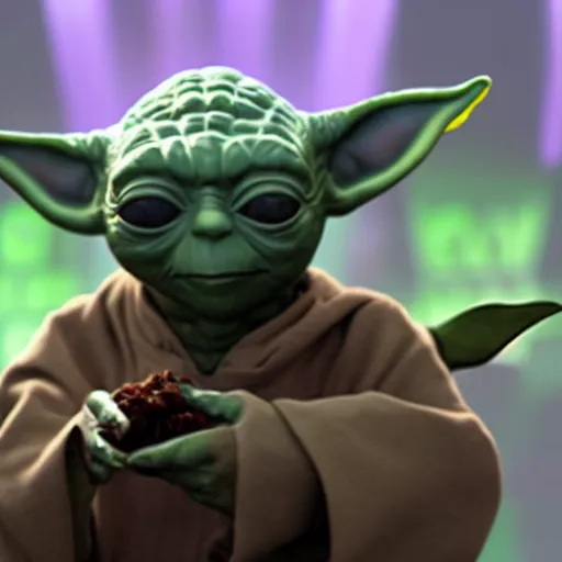 Image similar to A still of Yoda eating pabellón, 4k, photograph, ultra realistic, highly detailed, professional lighting