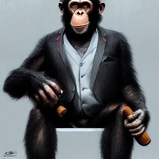 Image similar to a chimp wearing a suit smoking a cigar, dramatic lighting, cinematic, establishing shot, extremly high detail, photorealistic, cinematic lighting, artstation, style by James Gurney