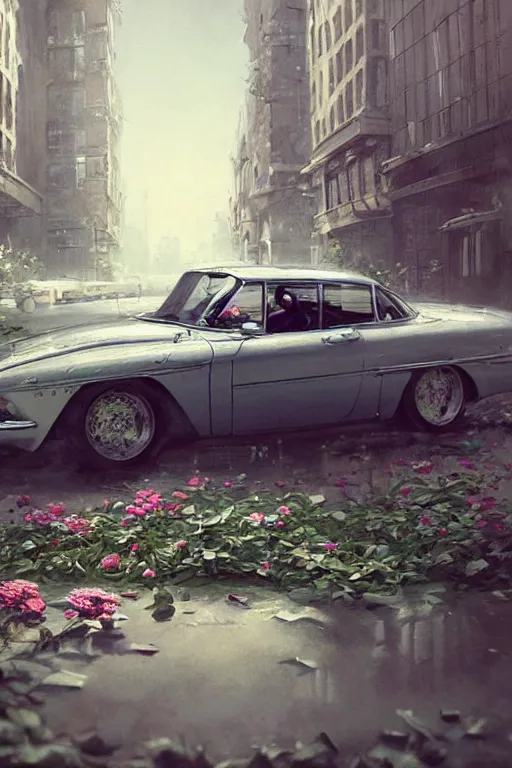 Image similar to ultra realistic illustration, old vintage car in the city with flowers blooming out the window, elegant, highly detailed, digital painting, concept art, smooth, sharp focus, illustration, art by greg rutkowski