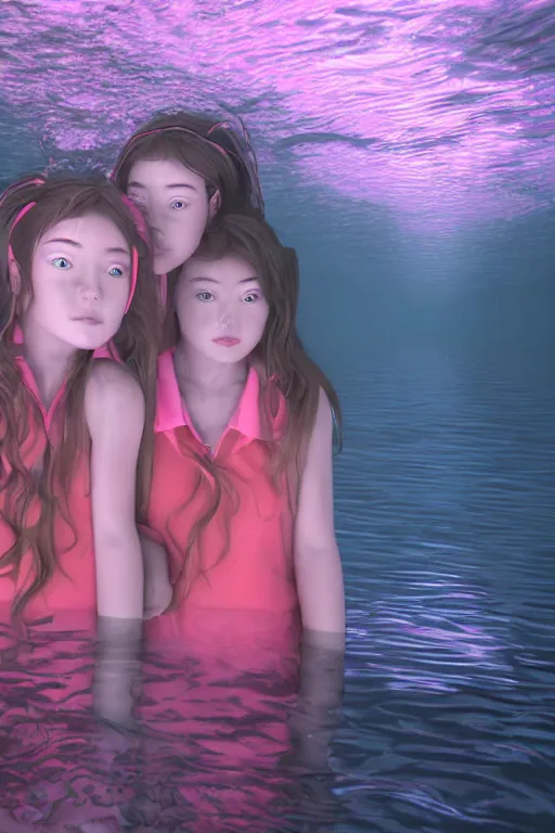 Prompt: 3d realistic dramatic infrared photo of two schoolgirls sisters with a realistic face standing in a dark subway station under water in Japan. Close-up portrait. There are pink palm trees and translucent glow jellyfish flying around. Volumetric composition. Pastel colors in the style of Hiro Kiyohara, redshift, octane, trend artstation, cinematic, hyper realism, high detail, 8k