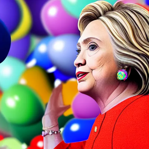 Image similar to Hillary Clinton with a lizard face looking at brightly colored balloons, photo, detailed, 4k