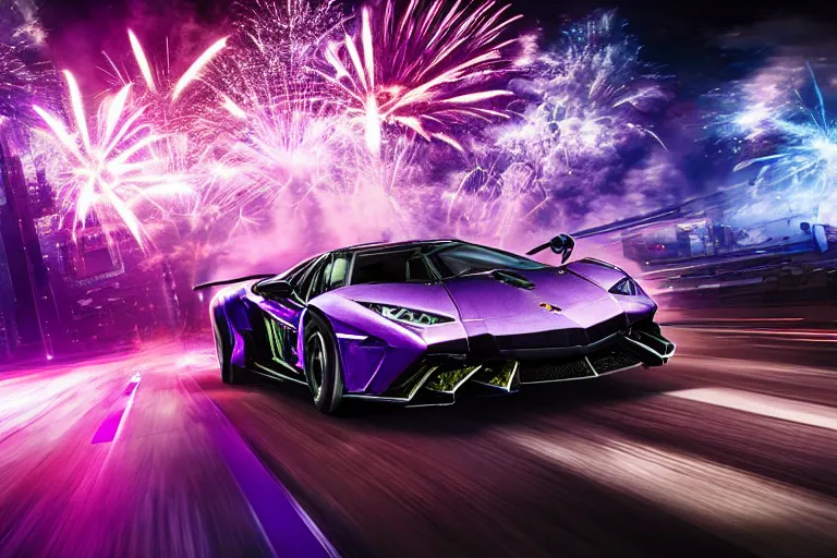 Image similar to hyper detailed purple lamborghini transformer, racing down a cyberpunk city street background, explosion background, fireworks 8 k photograph, dramatic lighting,