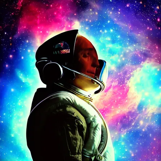 Prompt: side profile of an astronaut without his visor up, floating in space, close up, in a nebula, digital art