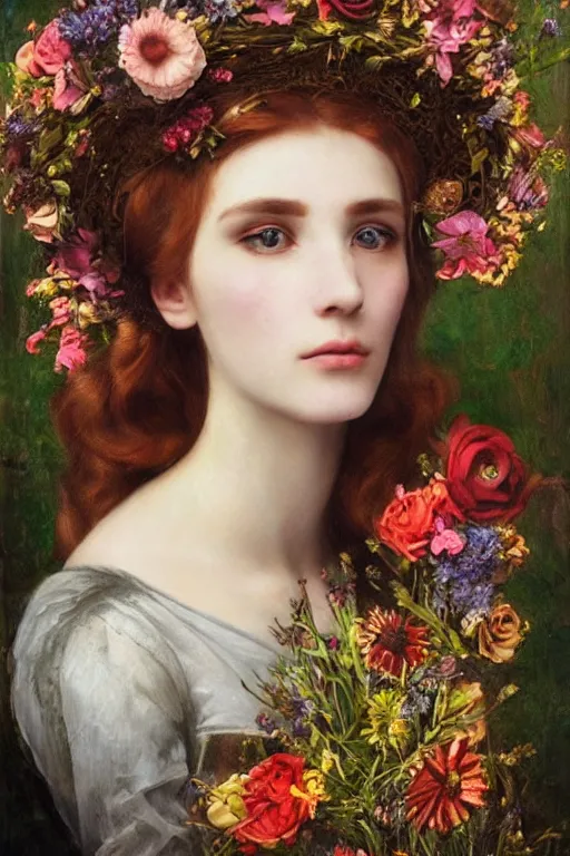 Image similar to portrait of a beautiful young cyborg woman with a big steampunk flower crown, Pre-Raphaelite
