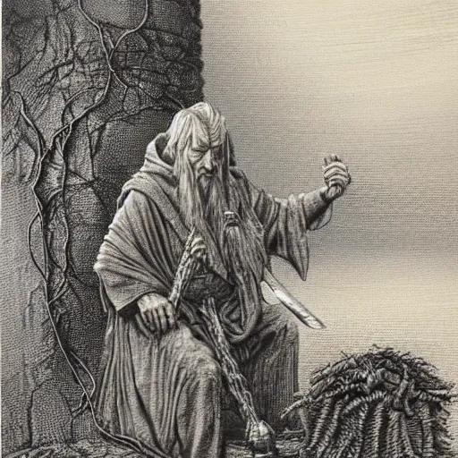 Image similar to the evil ian mckellen smithing on an anvil as gandalf in a dark viking hood playing odin all father crafting the plant of life with vines on an anvil, highly detailed, cinematic shot, cinematic lighting, 8 k, exquisit facial detail, colored painting by gustave dore and artemisia gentileschi, chiaroscuro, dark painting.