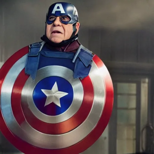 Prompt: film still it Danny Devito as captain America in the new marvel movie