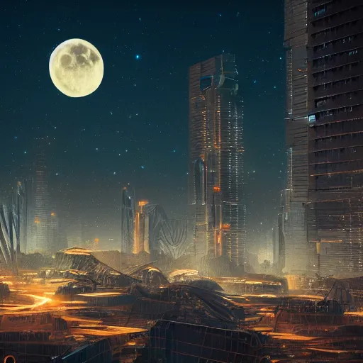 Prompt: fantasy modern city with many high rise under a moonlit, starry sky, lunarpunk, concept art, trending on art station, orange and teal color, cgsociety, octane render