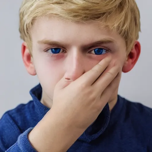 Image similar to portrait of a boy with his hand on his face, extremely realistic and real, photorealistic, blonde hair and blue eyes, detailed facial structure, real eyes that are detailed