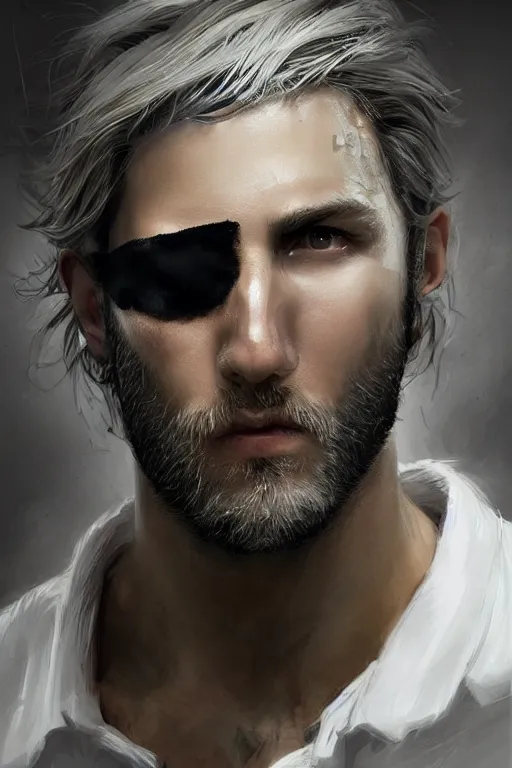 Image similar to blonde wild hair man with a little beard, one black eye - patch, plain white shirt, close - up portrait, powerfull, intricate, elegant, volumetric lighting, scenery, digital painting, highly detailed, artstation, sharp focus, illustration, concept art, ruan jia, steve mccurry