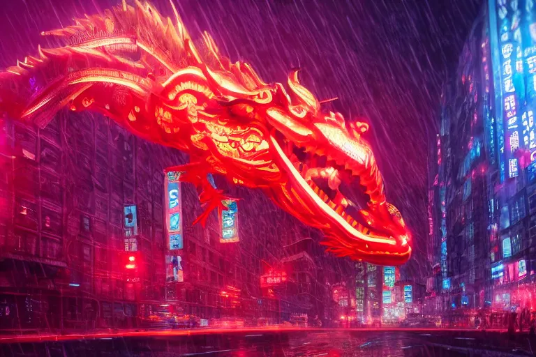 Image similar to cinematic wide angle shot of a neon cybernectic chinese dragon in the rain, midnight city lights, strong bokeh, dramatic lighting, unreal engine, cgsociety, artstation, 4k