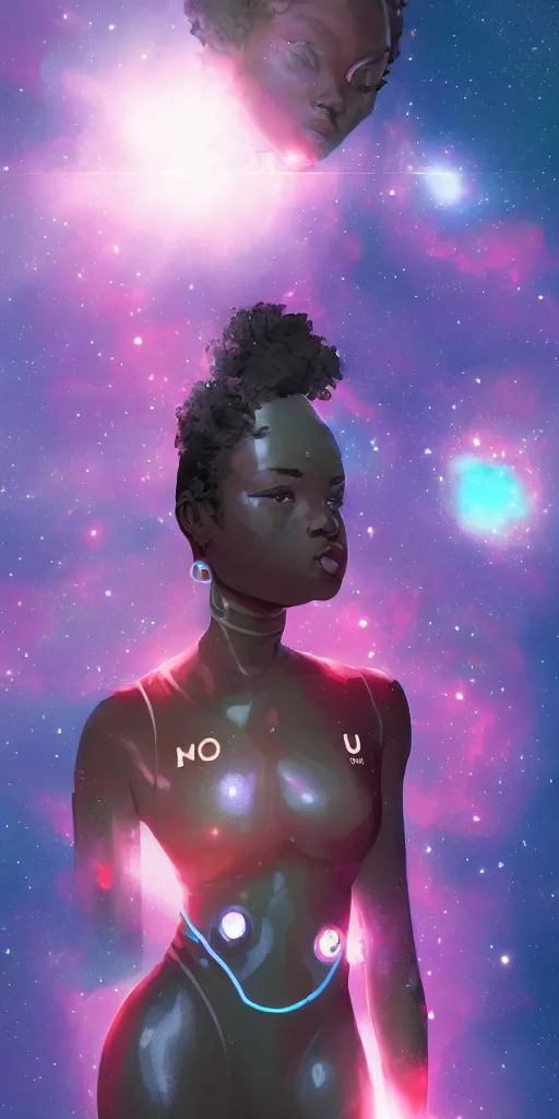 Image similar to beautiful black woman in an advanced spacesuit in front of exploding nebulae halos, digital illustration trending on artstation by artgerm and rutkowski