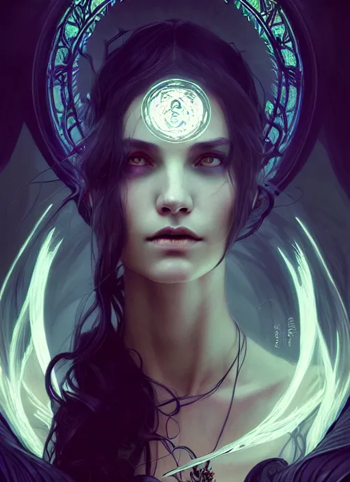 Image similar to Necromancer Sorceress, fantasy magic, undercut hairstyle, dark light night, intricate, elegant, sharp focus, illustration, highly detailed, digital painting, concept art, matte, art by WLOP and Artgerm and Greg Rutkowski and Alphonse Mucha, masterpiece