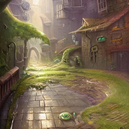 Image similar to anthropomorphic green puddle with an angry sneer lurking in a damp alleyway , concept art, painting by Justin Gerard