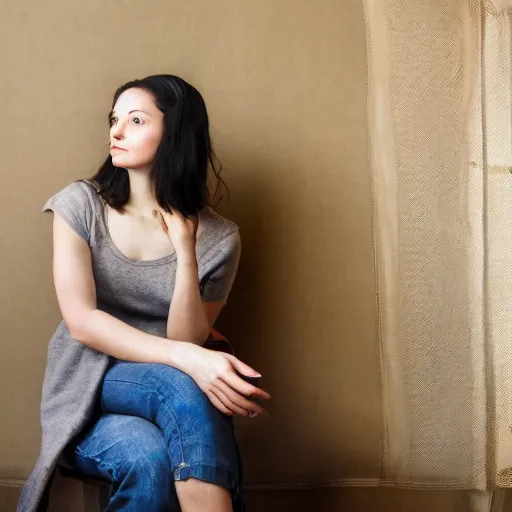 Image similar to casual photograph of a woman sitting in a studio room pensively, with the poise and appearance of the ( ( ( ( ( ( ( ( mona lisa ) ) ) ) ) ) ) ), taken in 2 0 1 9 with a digital camera, full color, head shot