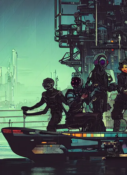 Prompt: cyberpunk arasaka blackops team on skiff. oil rig in the background. portrait illustration, pop art, art by ashley wood, alphonse mucha, laurie greasley and josan gonzalez. cinematic. dynamic lighting. realistic proportions. creative design. cell shading