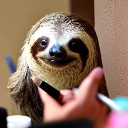 Image similar to a beautiful sloth doing her makeup