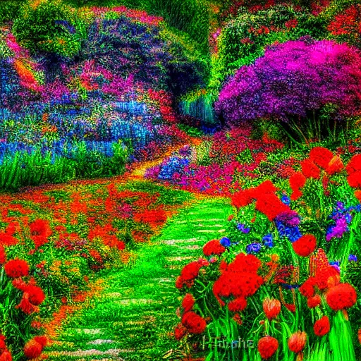 Prompt: a landscape full of flowers and colors in the style of alice in wonderland, hdr