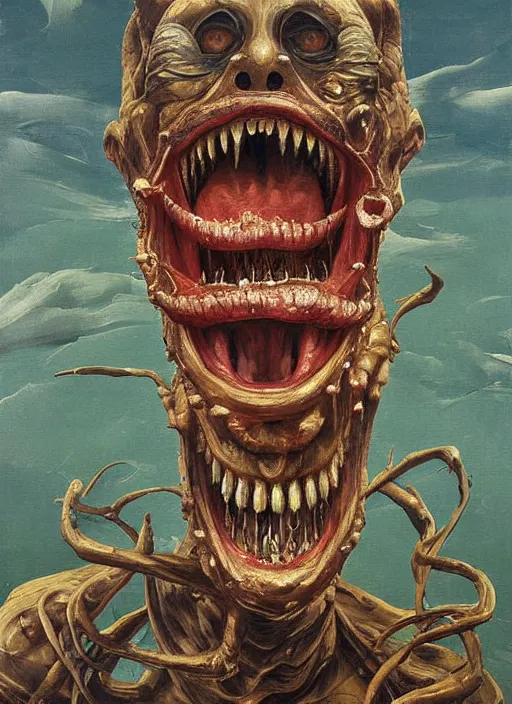 Prompt: Oil painting - oh god it has too many teeth why does it have so many teeth? - by Lucian Freud, and Mariusz Lewandowski, Abstract brush strokes, Masterpiece, Edward Hopper and James Gilleard, Zdzislaw Beksinski, Mark Ryden, Wolfgang Lettl highly detailed, hints of Yayoi Kasuma