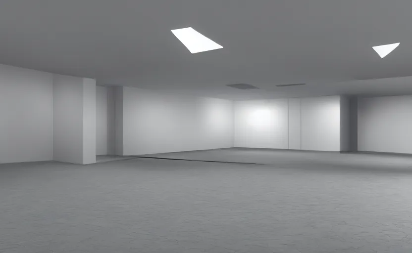 Image similar to empty room, open floor, large random with colourful 3 d objects, unreal engine and v - ray render.