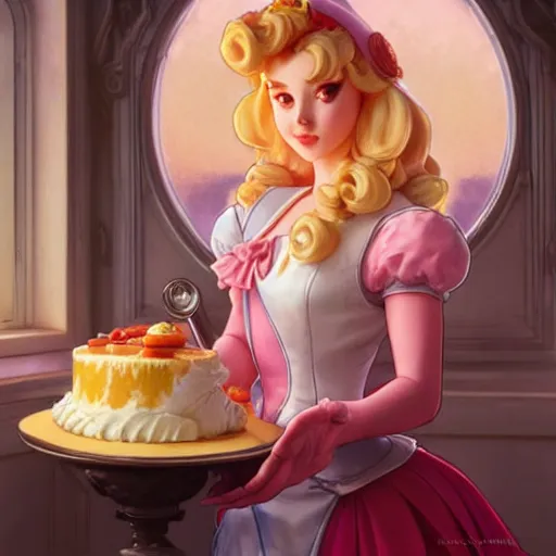 Prompt: princess peach baking a cake while that one weird computer mainframe watches her, art by artgerm and greg rutkowski and alphonse mucha