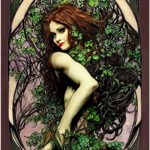 Image similar to a beautiful and detailed magic the gathering card of a seductive poison ivy as a dryad, fantasy, d & d, dark eyeliner, intricate, elegant, highly detailed, digital painting, artstation, concept art, matte, sharp focus, illustration, art by rebecca guay and by arthur rackham and by alphonse mucha and by john william waterhouse