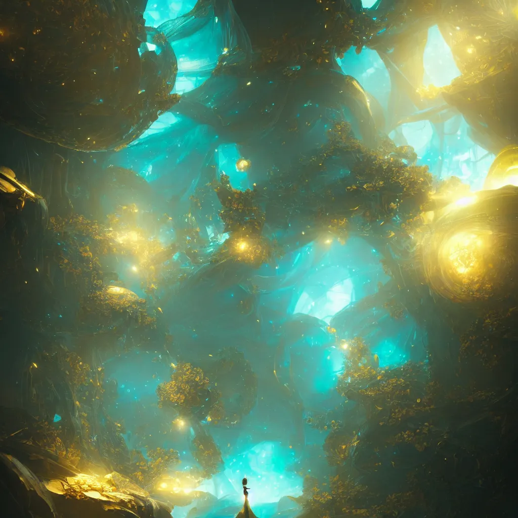 Image similar to within a flower the whole and finite capsule apparent with awe the apparition, an idea seep's into infinity highly detailed in volumetric latent space, golden turquoise steampunk, high contrast cinematic light, mystical shadows, sharp focus, divine realm of gods, octane render, artist by greg rutkowski,