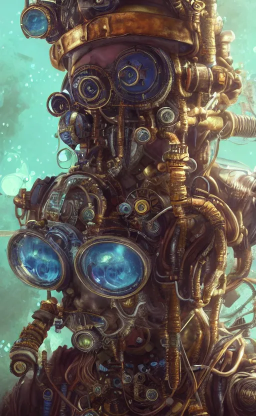 Image similar to underwater steampunk biopunk portrait of fox mccloud, au naturel, hyper detailed, digital art, trending in artstation, cinematic lighting, studio quality, smooth render, unreal engine 5 rendered, octane rendered, art style by klimt and nixeu and ian sprigger and wlop and krenz cushart.