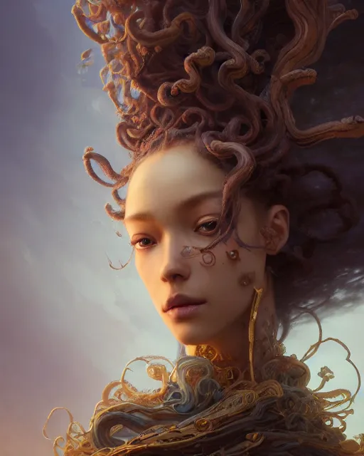 Prompt: song of the wind, detailed beauty portrait, chocolate. opulent hair, intricate background, armor, fantasy art by peter mohrbacher, greg rutkowski, craig mullins, ruan jia, thomas kinkade, victo ngai. unreal engine, blender, octane, ray tracing. fractal crystal, sharp focus, masterpiece, post processing, deviantart