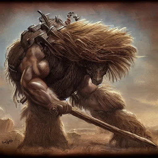 Prompt: concept art, crack in the ground, a giant hairy beast full body warrior with a ram head coming out, toned muscles, intricate face details, old wooden stick in its hand, steampunk vibes