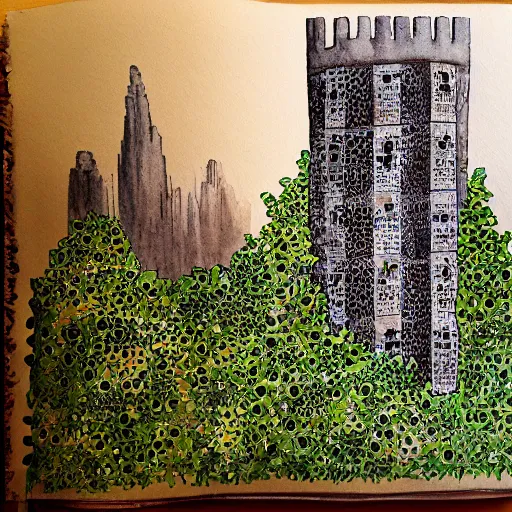Image similar to ruins of a tower covered in creepers, beautiful, intricate, detailed, watercolour