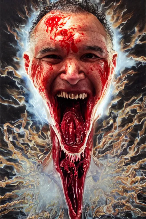 Prompt: uhd hyperrealistic photorealisitc hyperdetailed detailed gilbert gottfried head exploding, puking blood, screaming, with sparking circuits, studio lighting, by ayami kojima amano karol bak, greg hildebrandt and mark brooks