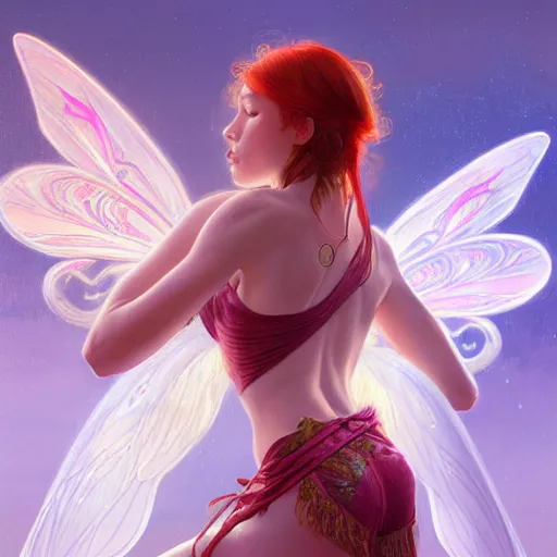 Image similar to beautiful natural fairy small winged redhead martial artist karate fey muscular body shortsword, vivid colors, intricate, elegant, highly detailed, digital painting, artstation, concept art, smooth, sharp focus, illustration, art by artgerm and greg rutkowski and alphonse mucha and loish and wlop