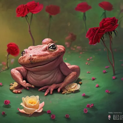 Image similar to soulful long shot of a crazy toad baby sitting in a rose blossom, by esao andrews, by m. w. kaluta, ultra humorous illustration, small depth of field, perspective perception, volumetric light, psychedelic colors, 3 d octane render, 8 k, conceptart, hyperdetailed, hyperrealistic, trending on artstation