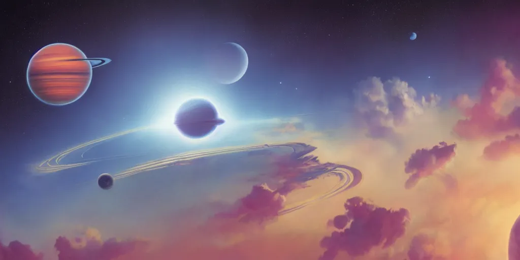 Image similar to blue dreamy cloudscape with a single planet in the clouds, ringed planet, daylight, cinematic lighting, cinematic perspective, syd mead, john harris, federico pelat,