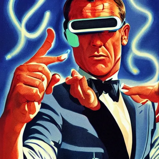 Image similar to a james bond style pulp poster illustration of wrestlers wearing a vr headset, shrugging arms, movie premiere poster, close up, portrait, dramatic, 1 9 6 0 s, highly detailed